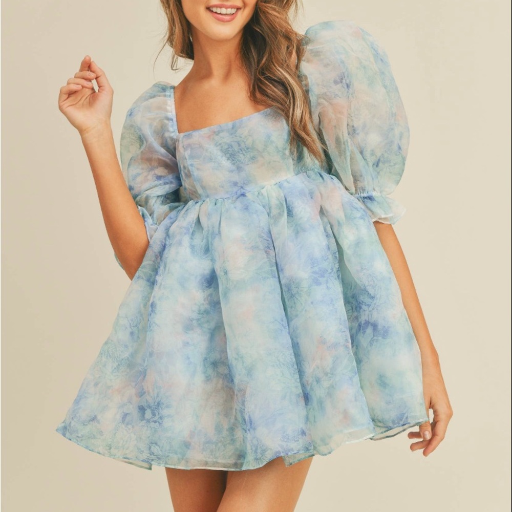 Selki like mini puff sleeve blue dress